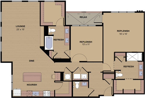 Floor plan for 2 beds, 2.5 baths, 1657 sqft